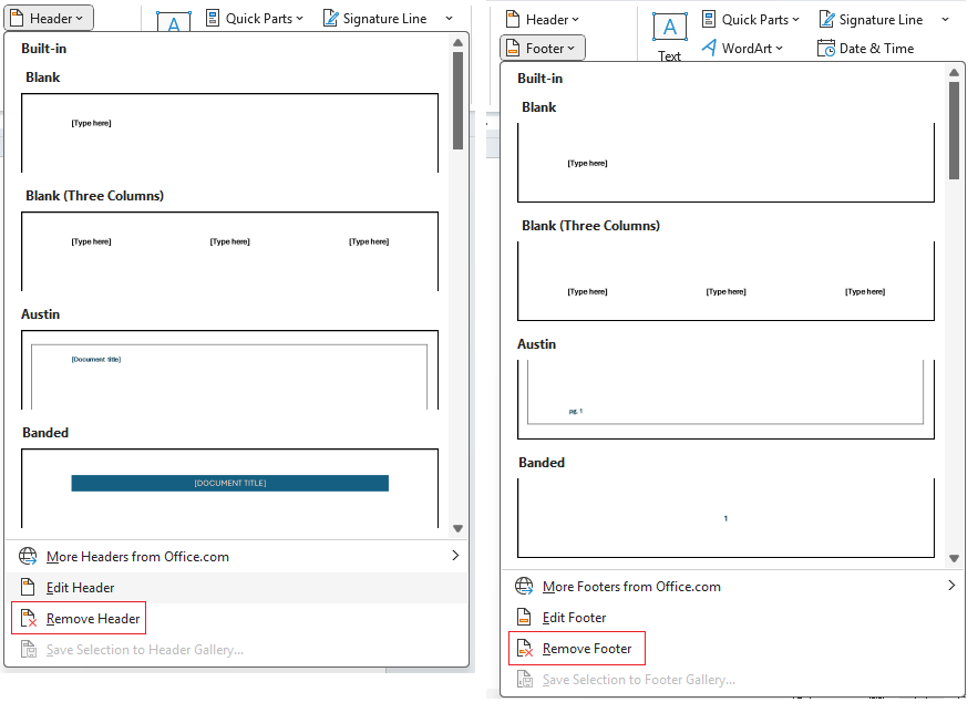Insert header footer menus remove on ribbon in Word